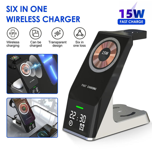 6 in 1 Wireless Charger Stand Fast Charging Dock Station for Samsung iPhone 14 13 12 11 Apple Watch Airpods Pro iWatch