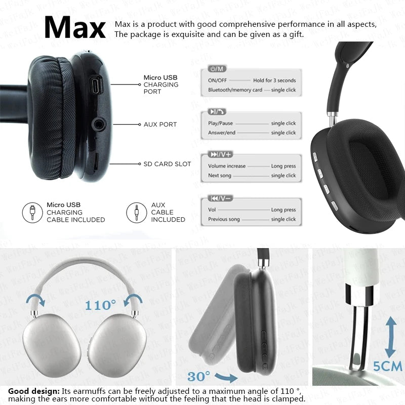 Original P9 Pro Max Wireless Bluetooth Headphones Noise Cancelling Sports Gaming Headset