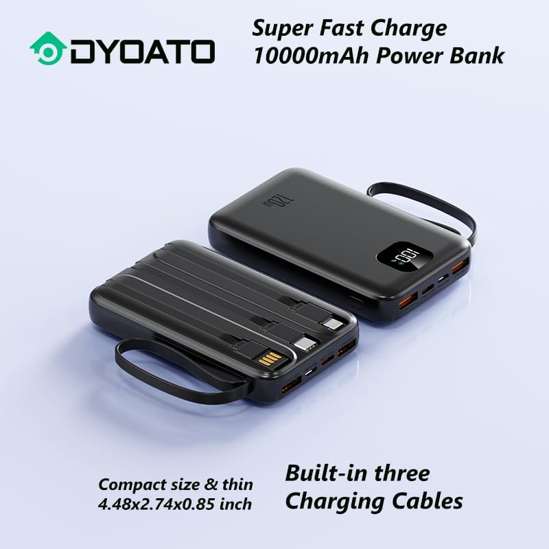 120W Mini Power Bank Built in 3 Cables 10000 mAh Portable Charger with LED Indicator Mini Fast Charging Power Bank for Cell Phones(Black)