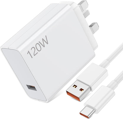 120W Fast Charger and Cable for Xiaomi, ACAGET 6A/1M 120W HyperCharge Cable, UK Wall Charger With USB C Cable