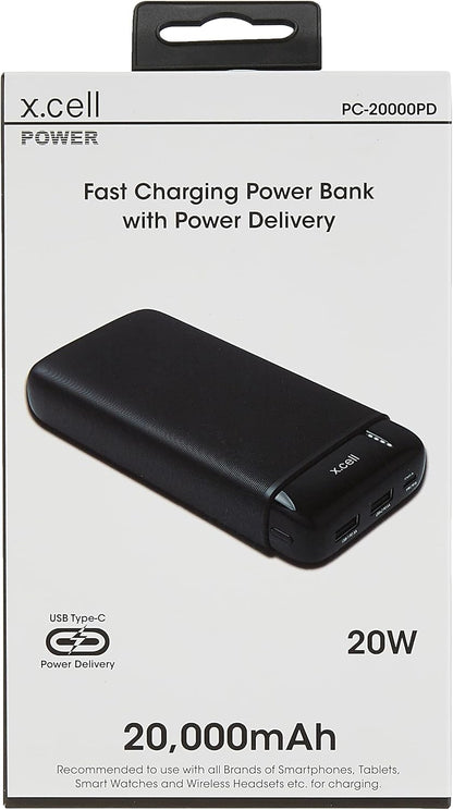 X.cell Power Bank 20000MAH, 20W Output with Fast Charging, 50% Charging in 30 Minutes, Triple Outputs 2 Smart USB and Type C