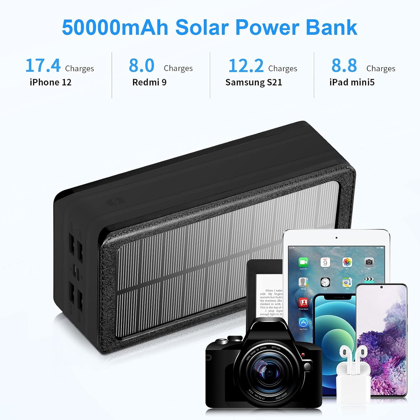 Solar Power Bank 50000mAh, Portable Solar Phone Charger with Flashlight, 4 Output