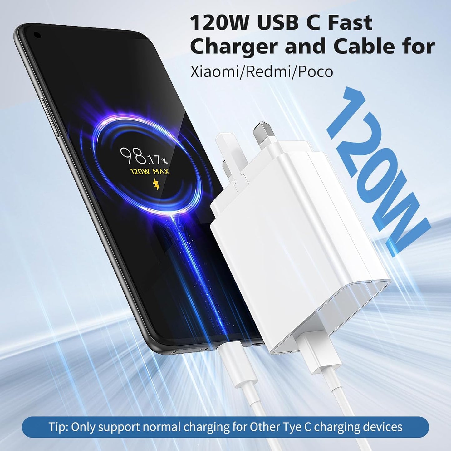 120W Fast Charger and Cable for Xiaomi, ACAGET 6A/1M 120W HyperCharge Cable, UK Wall Charger With USB C Cable