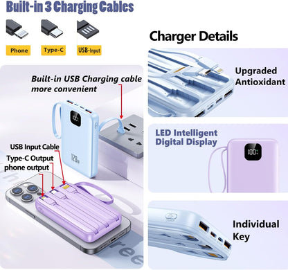 120W Mini Power Bank Built in 3 Cables 10000 mAh Portable Charger with LED Indicator Mini Fast Charging Power Bank for Cell Phones(Black)