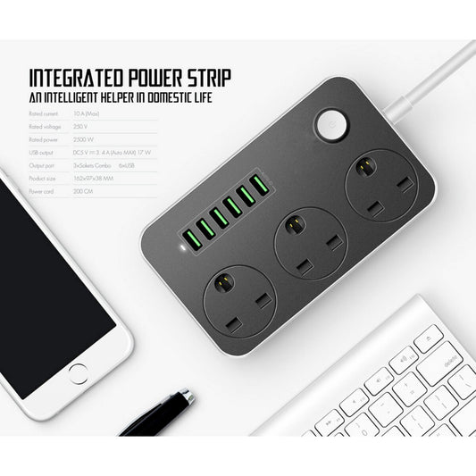 2500W 3.4A Power Socket With 3 Anti-Static AC Sockets And 6 Intelligent USB Charging Ports