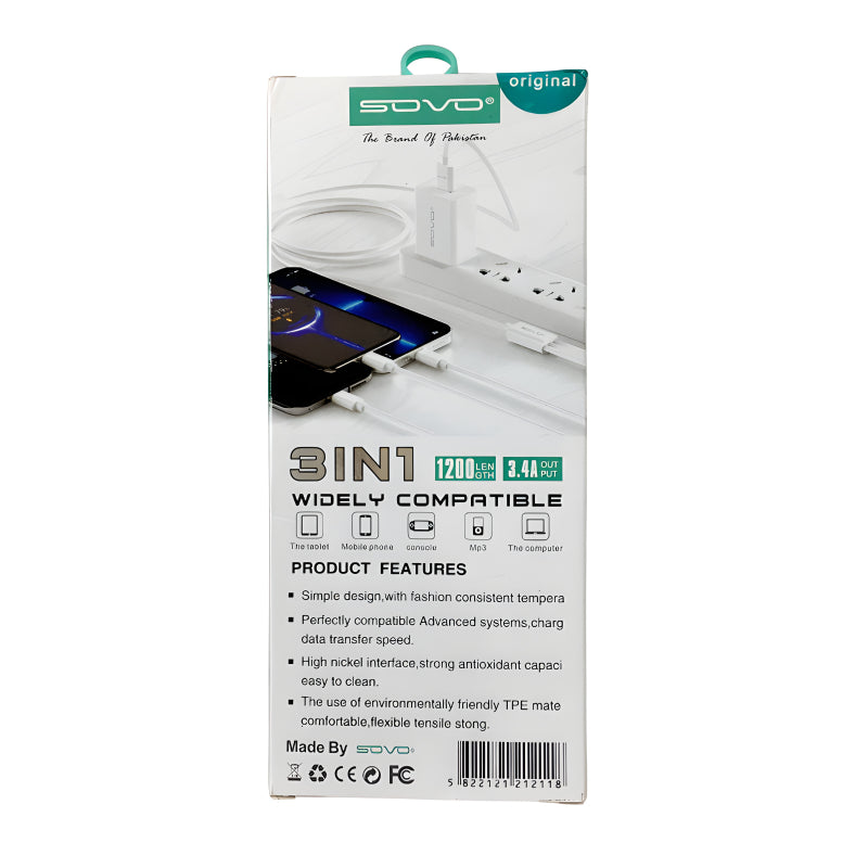 SOVO SC-301 High Quality 3.4A Fast Charge 3-In-1 USB Cable