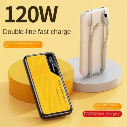 30000mAh Fast Power Bank with Built-In Type-C & Lightning Cables | Dual USB & PD Fast Ports | Stylish & Compact Design