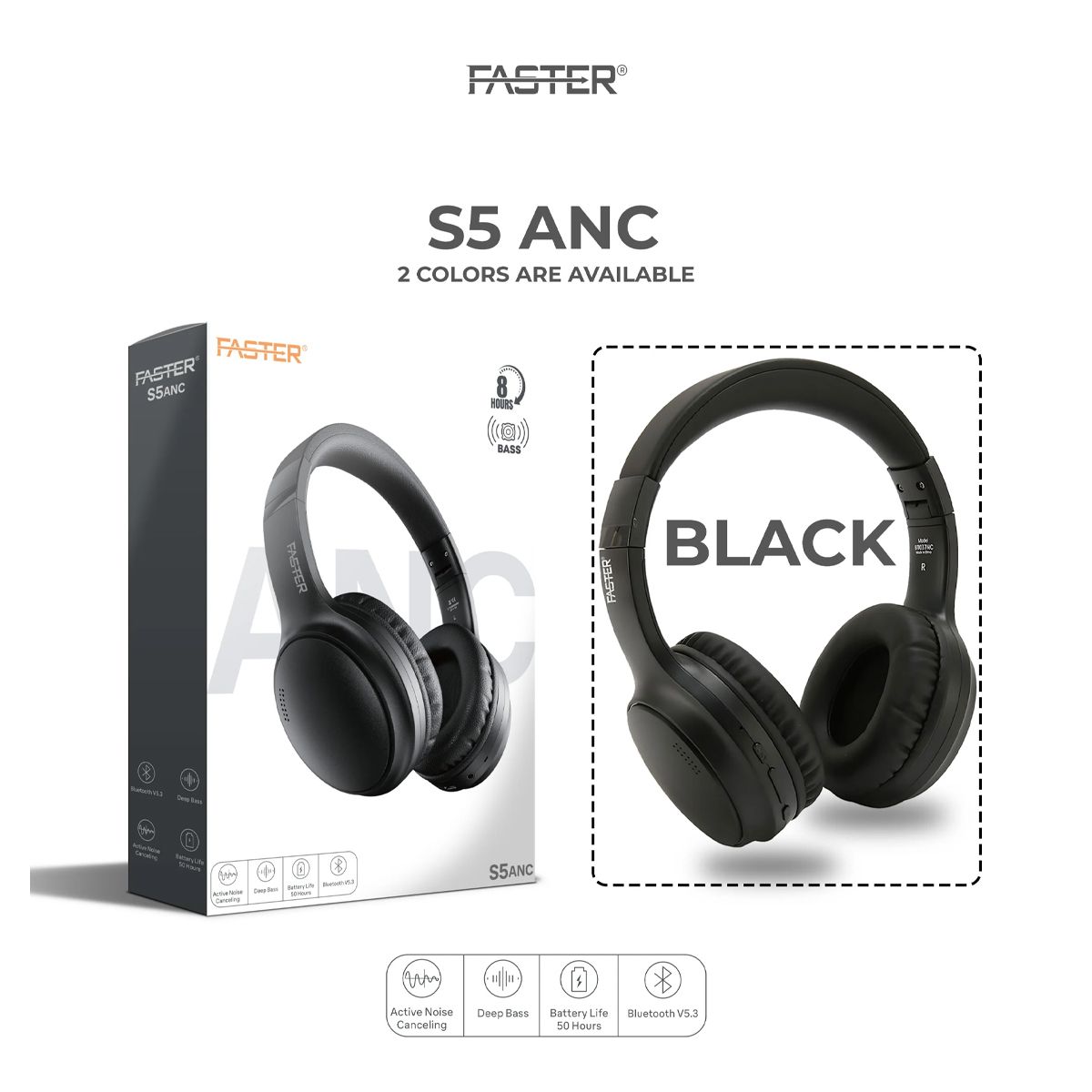 FASTER S5 ANC Over-Ear Wireless Headphones with Active Noise Canceling Feature Plus Hi-Res Audio Stereo and Deep Bass Sound (Black)