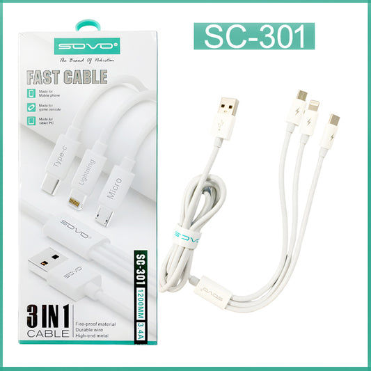 SOVO SC-301 High Quality 3.4A Fast Charge 3-In-1 USB Cable