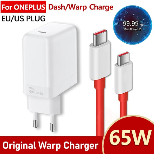 Original 65W Charger Dash Warp Fast Charge EU US Power Adapter USB C Cable For Oneplus