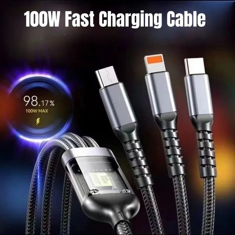 New 100W Fast Charging 3-in-1 Micro USB Type C Quick Charge Phone Data Cable