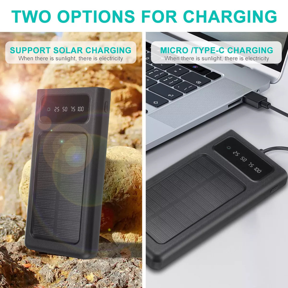 Solar Power Bank 50000mAh, Portable Solar Phone Charger with Flashlight, 4 Output