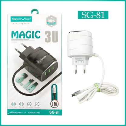 SOVO SG-81 MAGIC 3.1A Superior Speed Micro Charger With 3 USB Outputs